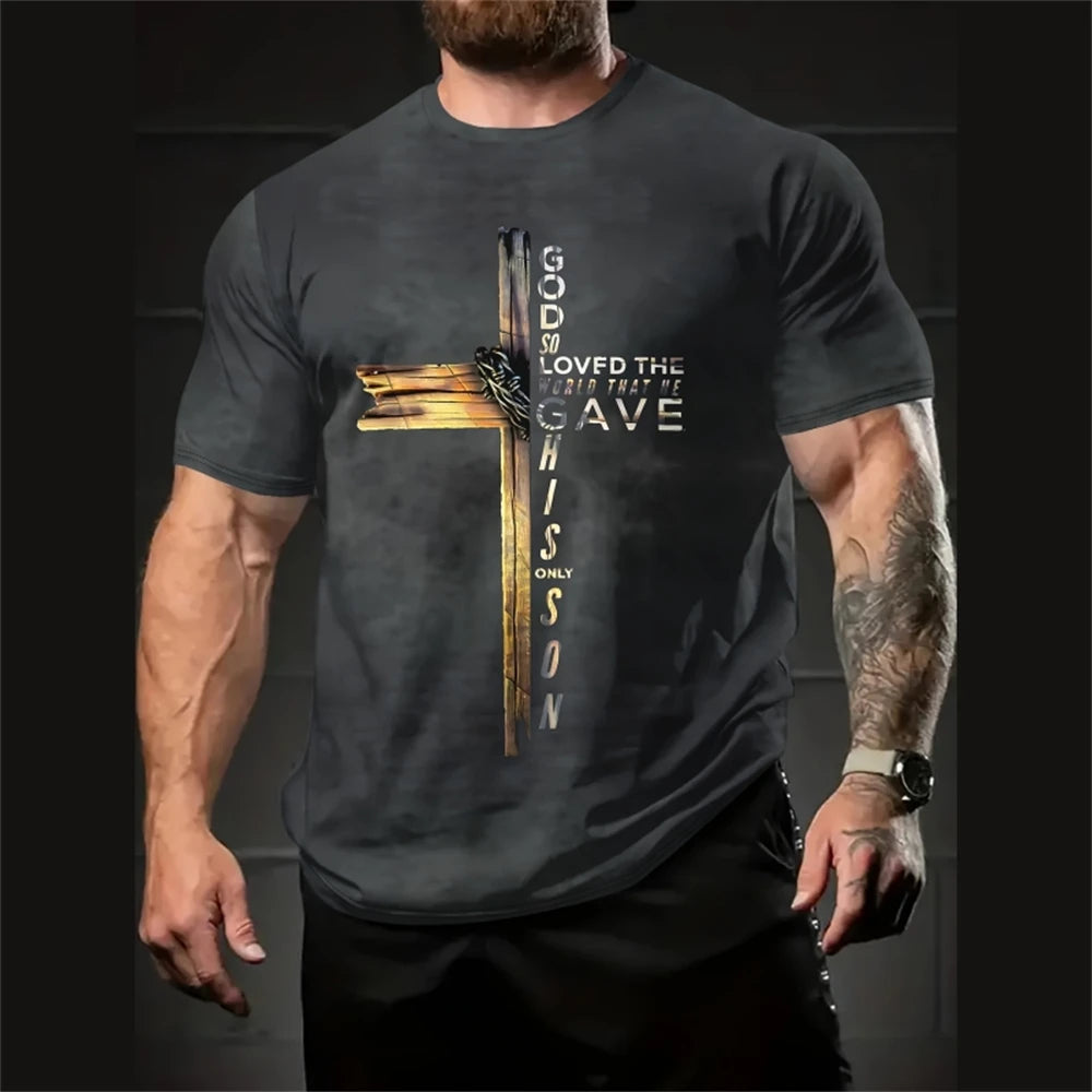 Jesus Cross Print Men T-Shirt Micro Elastic Quick Dry Streetwear